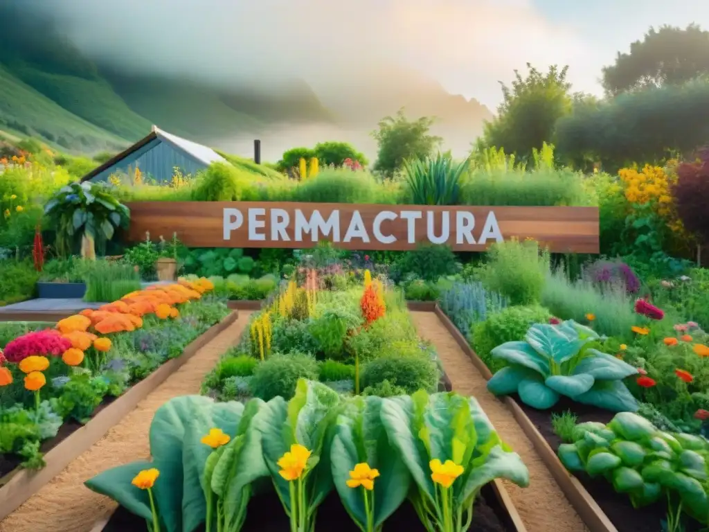 Un jardín de permacultura vibrante y exuberante, con vegetales, frutas y hierbas en armonía