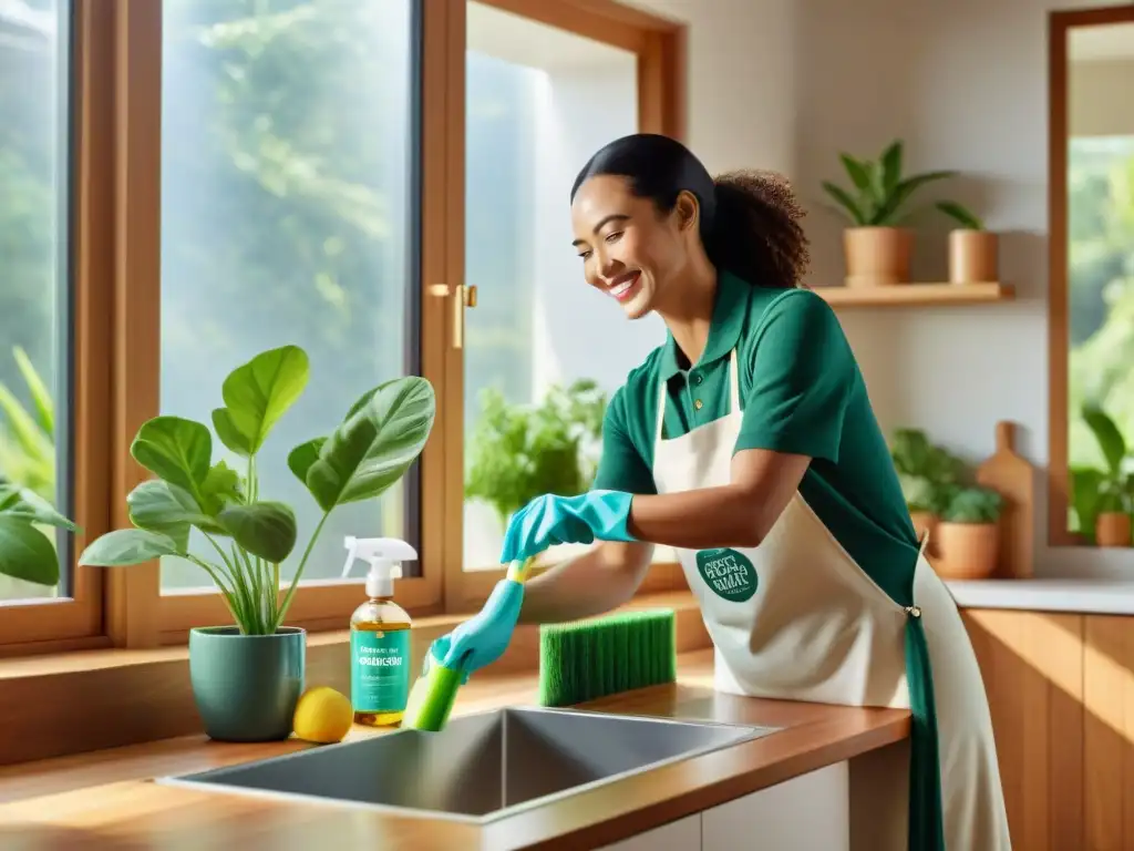 Persona feliz limpiando con productos ecológicos, rodeada de plantas y luz natural