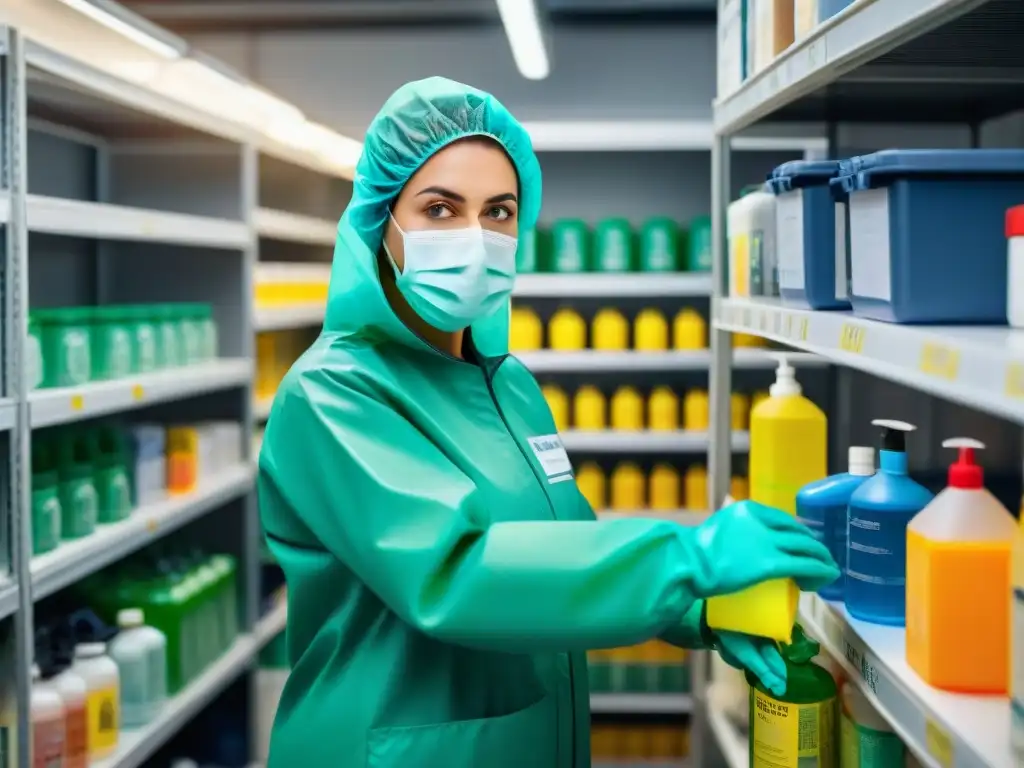 Persona con guantes y mascarilla inspecciona materiales tóxicos en casa, promoviendo seguridad y prevención