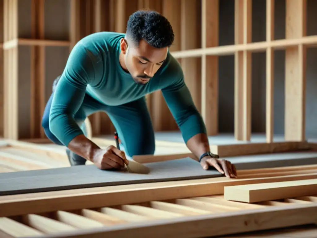 Persona inspeccionando materiales de construcción como madera, concreto y aislamiento, destacando texturas y colores