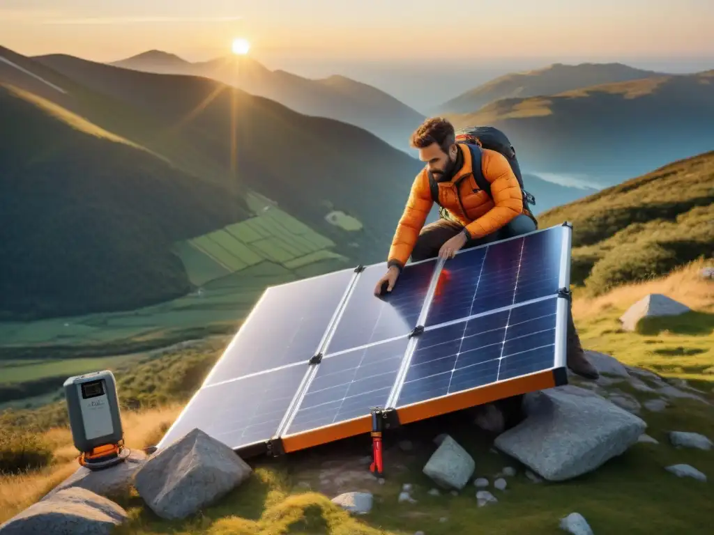 Persona desplegando paneles solares portátiles ecológicos en montaña remota al amanecer