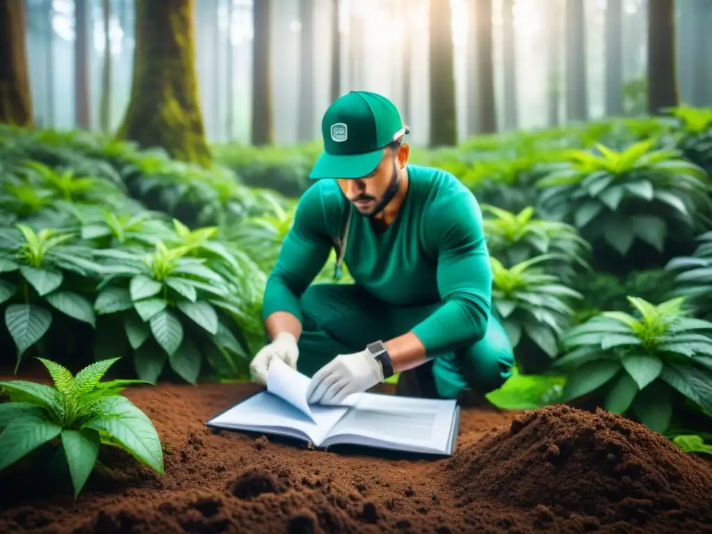 Persona certificando sostenibilidad en bosque verde exuberante