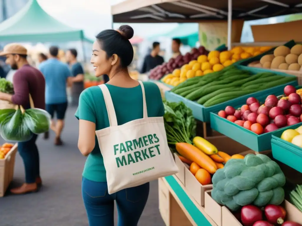 Persona sostenible en mercado con bolsa de tela y frutas