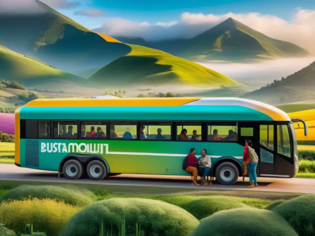 Personas de comunidades rurales abordan un bus ecológico en un paisaje vibrante, simbolizando soluciones innovadoras movilidad rural