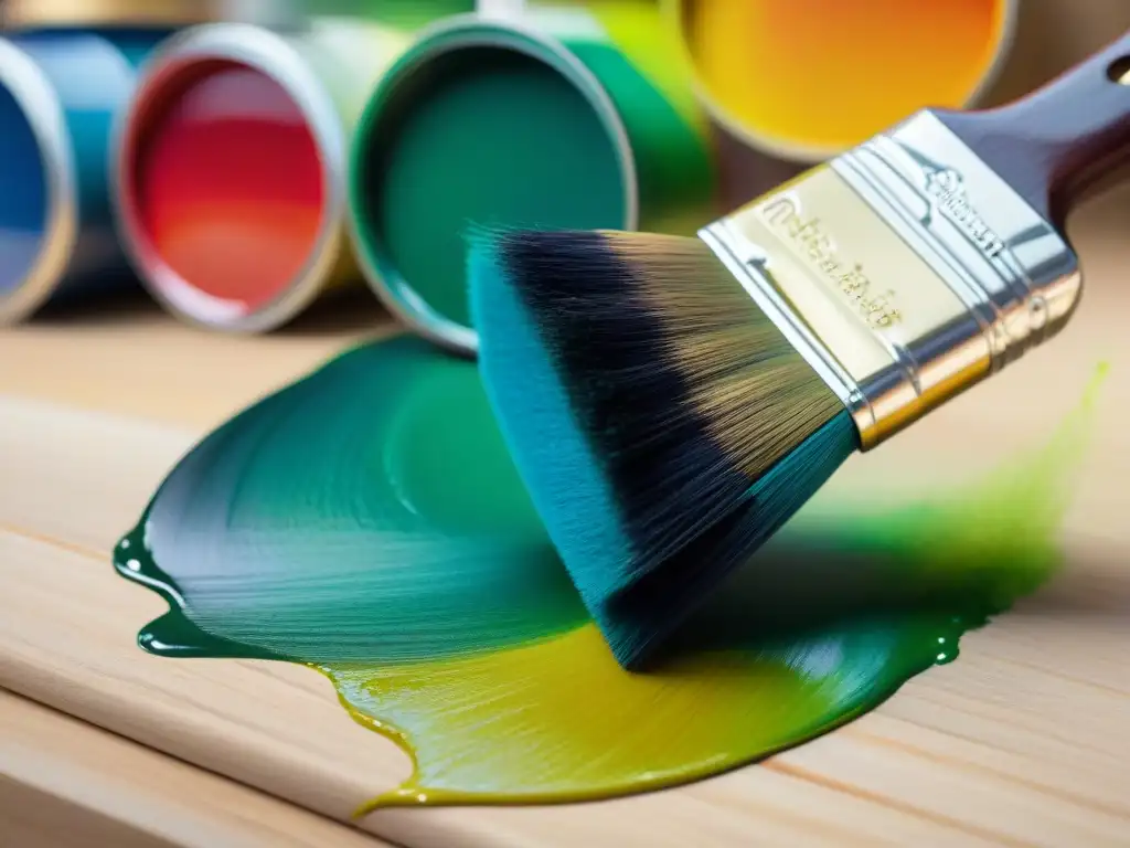 Un pincel aplica con delicadeza pinturas ecológicas en una superficie de madera, resaltando colores y texturas