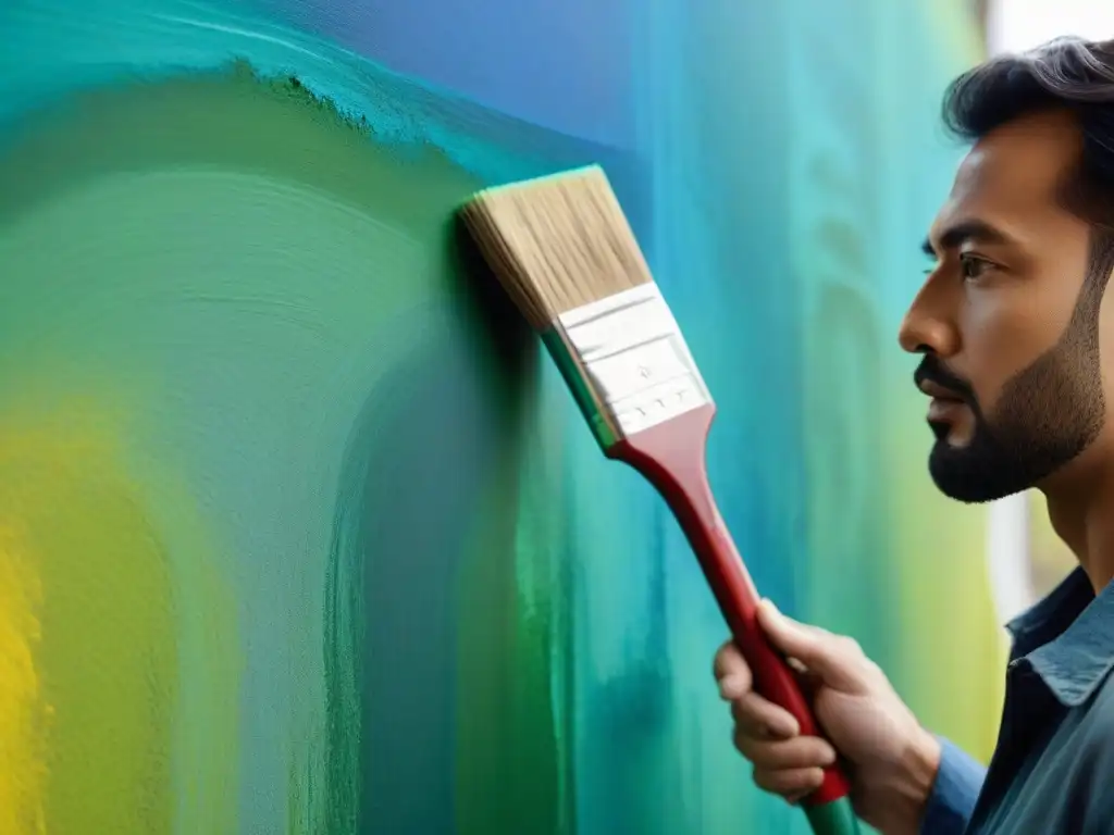 Un pintor aplica pintura ecológica con precisión en una pared, mostrando texturas y colores vibrantes