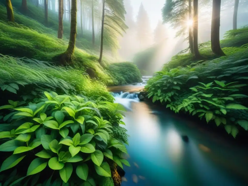 Pinturas ecológicas impacto ambiental: Escena serena de un bosque vibrante, con luz filtrando entre las hojas y un arroyo tranquilo