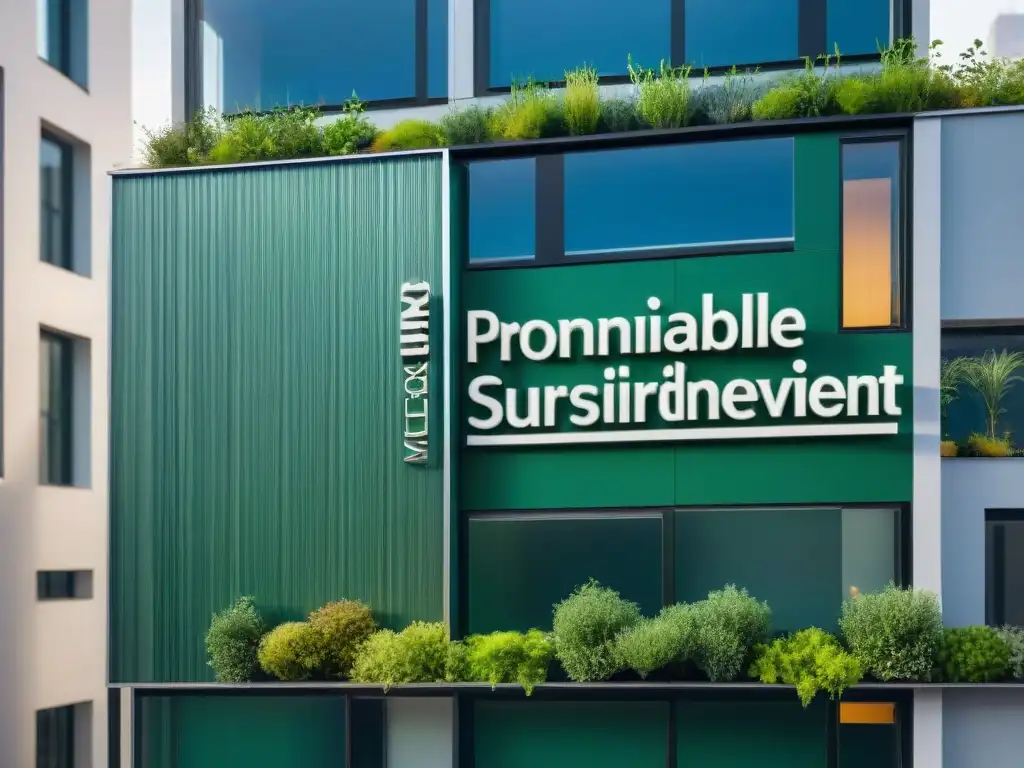 Placa de certificación verde en edificio sostenible con diseño ecoamigable y normativas de sostenibilidad arquitectura