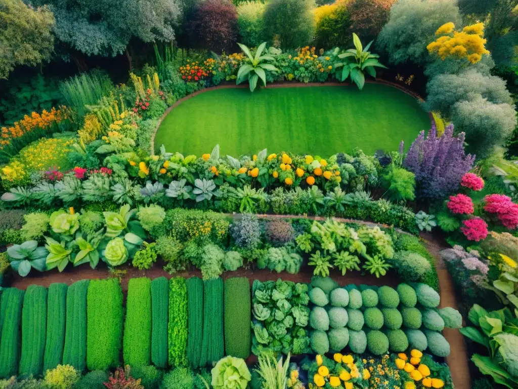 Un jardín de permacultura alimenta el planeta con frutas, verduras y flores en armonía, mientras personas trabajan felices