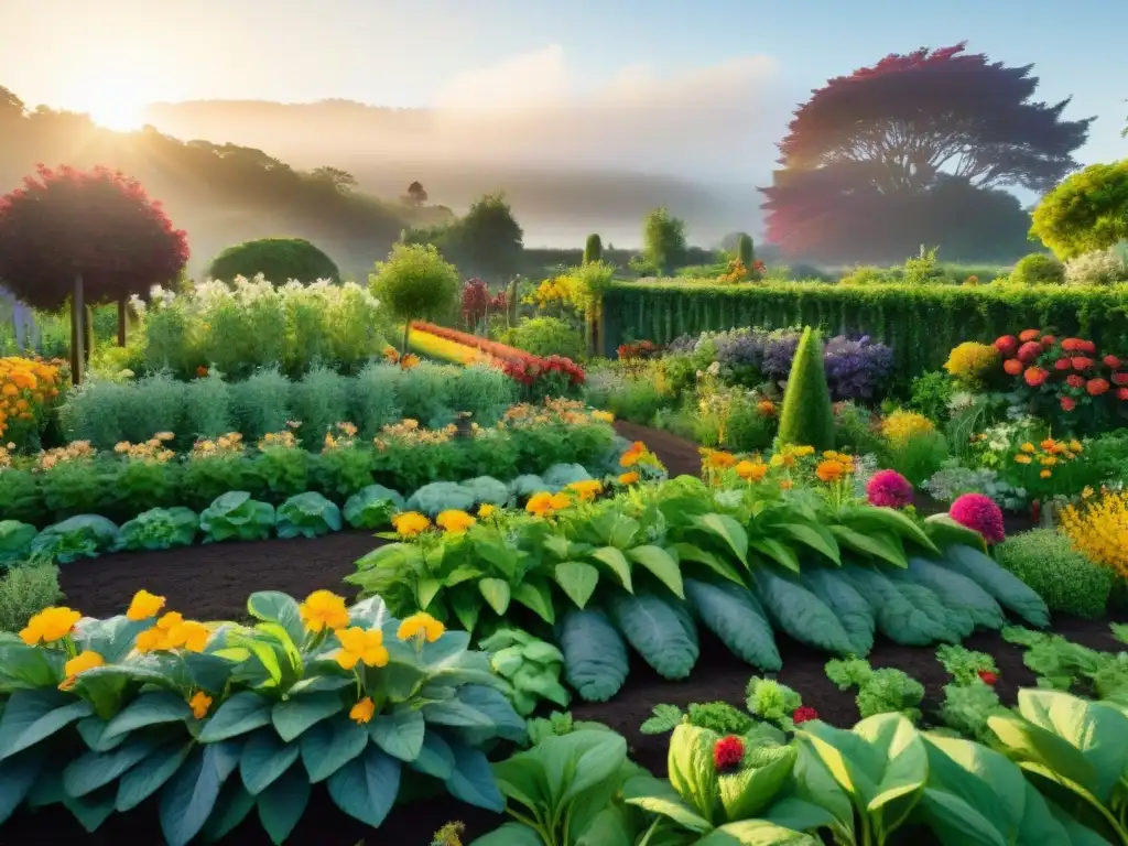 Un jardín permacultura alimentar planeta: un oasis de frutas, verduras y flores en armonía, rebosante de vida y color