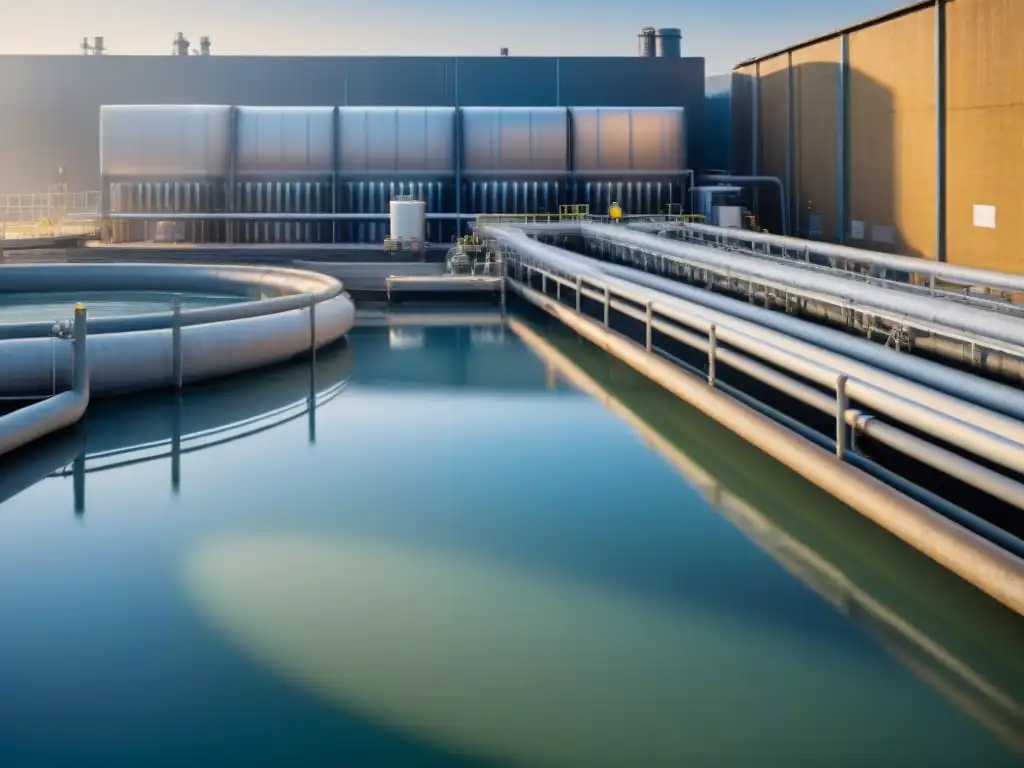 Planta de reciclaje de aguas grises con tecnologías sostenibles en operación, ingenieros supervisando el proceso de filtración