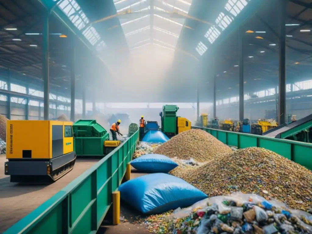 Una planta de reciclaje bulliciosa con trabajadores clasificando materiales reciclables, maquinaria procesando objetos y cintas transportadoras