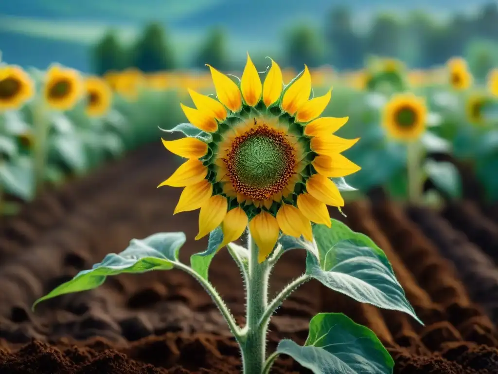 Plantas remediativas para suelos contaminados: Detalle de girasoles verdes vibrantes con raíces intrincadas y hojas brillantes con gotas de agua