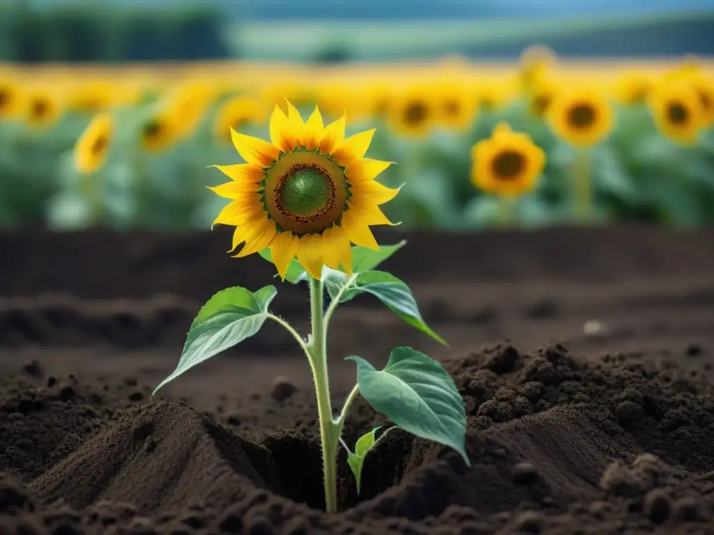 Plantas remediativas para suelos contaminados: Girasoles brillantes absorben toxinas, simbolizando la esperanza de sanación natural