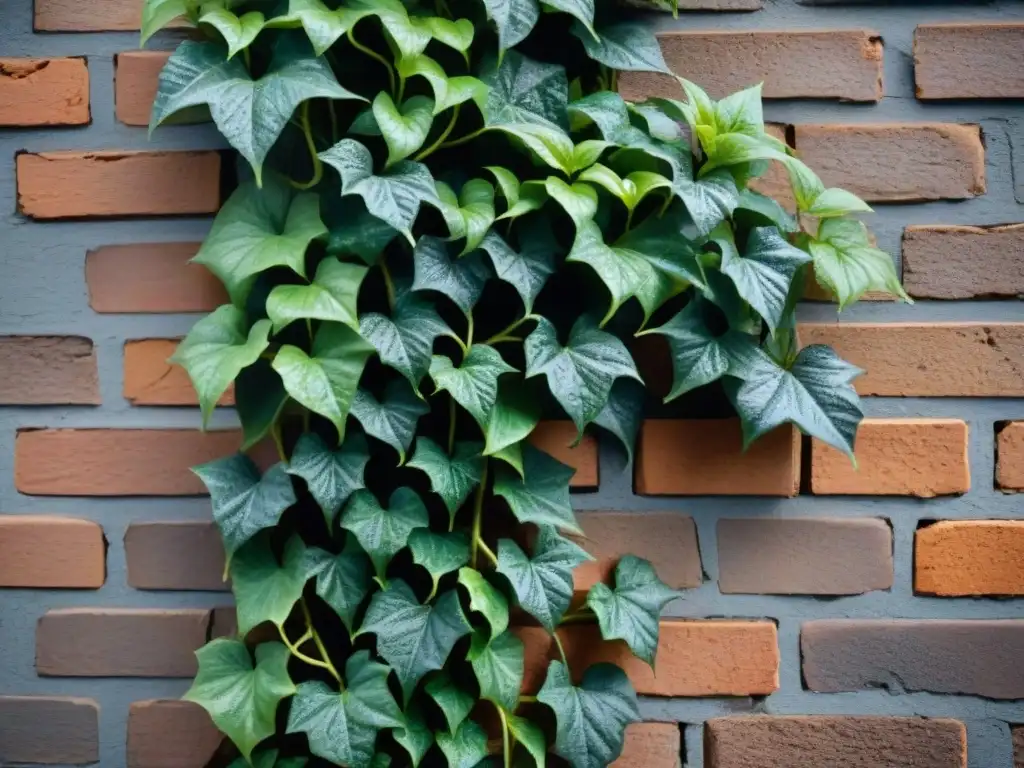 Plantas trepadoras para espacios verticales: detallada hiedra verde trepando por una pared de ladrillo envejecida, reflejando luz y sombra