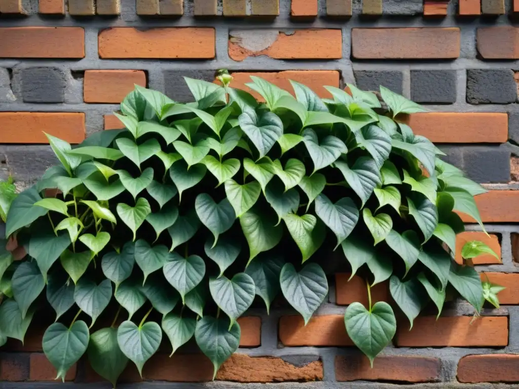 Plantas trepadoras para espacios verticales: La naturaleza reclama la ciudad con hojas verdes vibrantes en un muro de ladrillo envejecido, creando un contraste armonioso de texturas y patrones