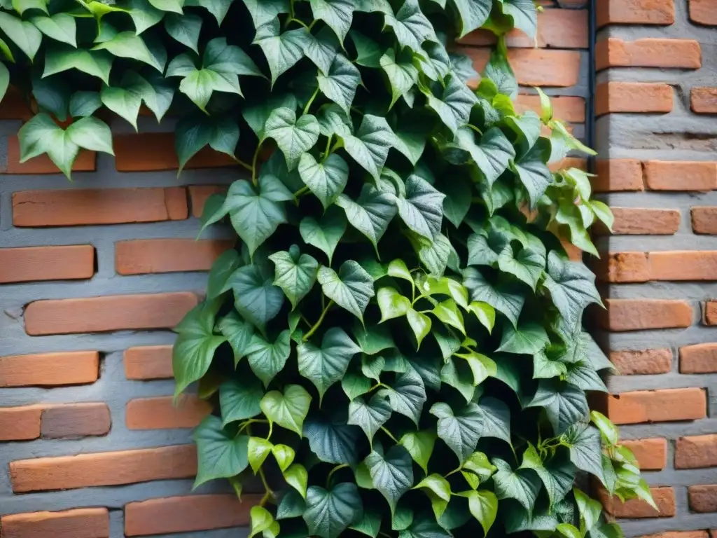 Plantas trepadoras para espacios verticales: hojas de hiedra verde vibrante escalando una pared de ladrillo