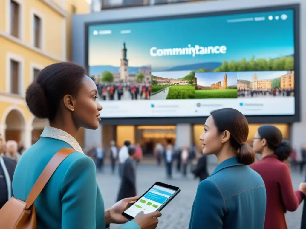 En una plaza bulliciosa, ciudadanos usan tecnología para participar en la gobernanza local y planes urbanos sostenibles