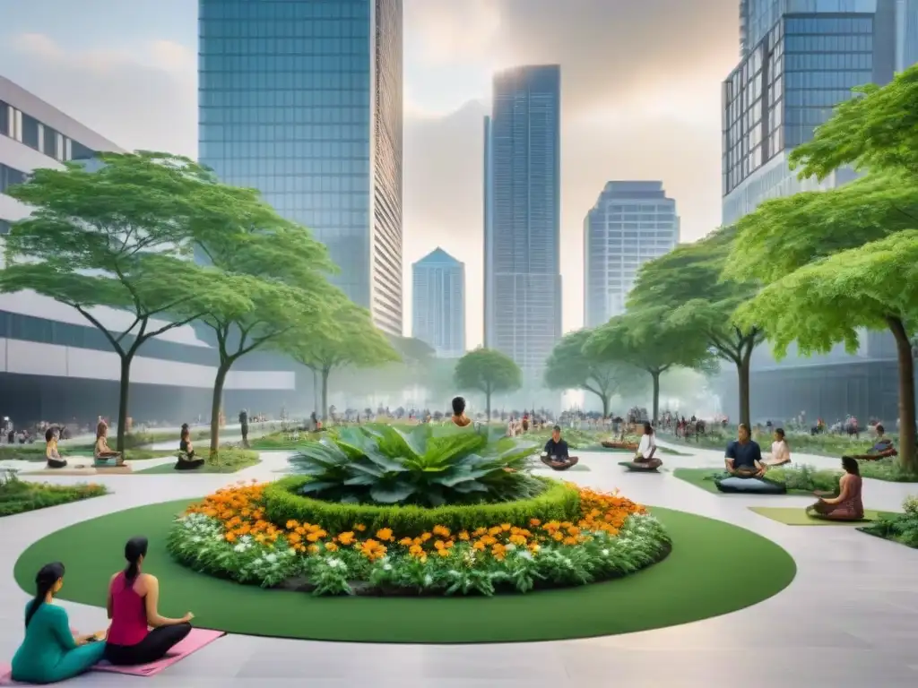 Una plaza de ciudad bulliciosa convertida en un exuberante parque verde, con naturaleza vibrante y personas disfrutando del entorno natural