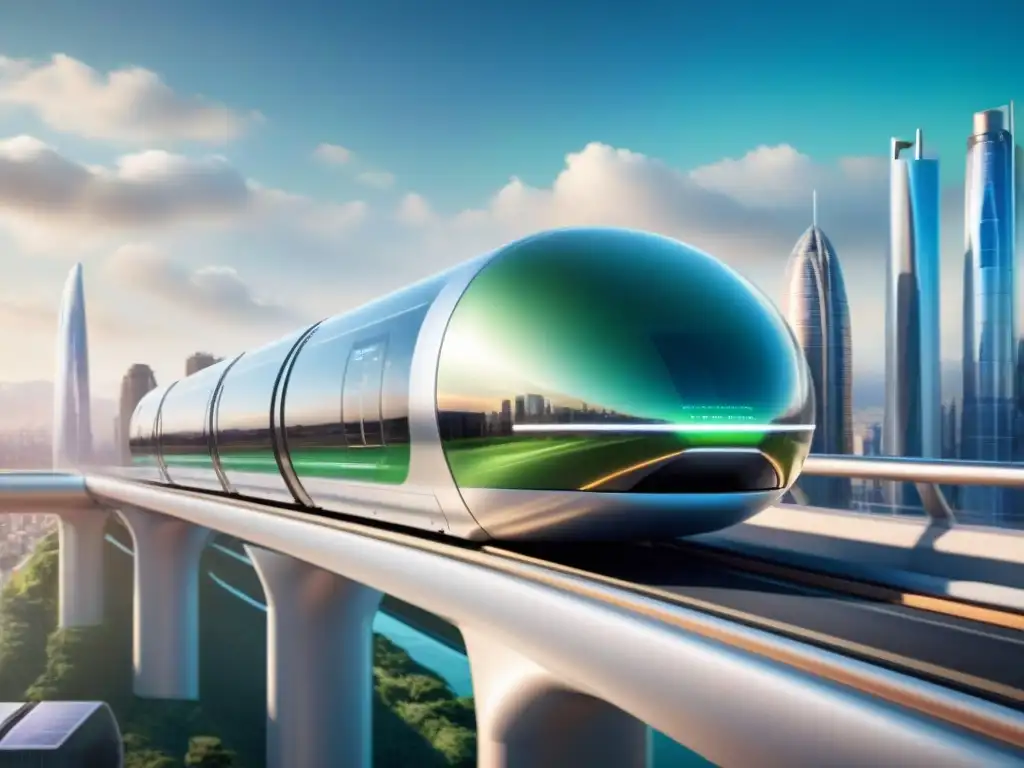 Hyperloop futurista en ciudad tecnológica Un pod futurista de Hyperloop plateado surcando un tubo transparente con una ciudad tecnológica al fondo