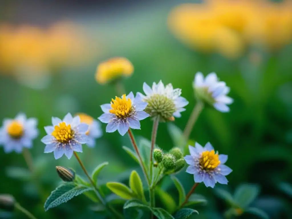 Un primer plano impresionante de flores silvestres nativas brillantes con rocío matutino, resaltando la belleza y biodiversidad del Diseño de jardines con plantas nativas