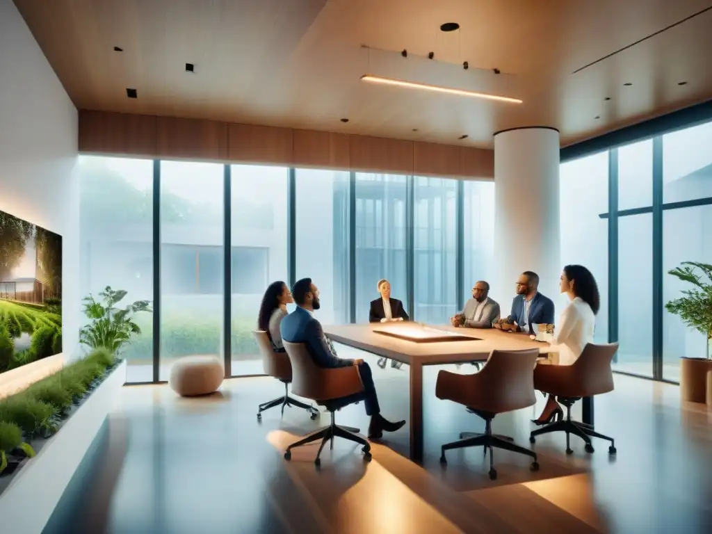 Profesionales en reunión colaborativa, discutiendo soluciones de construcción sostenible