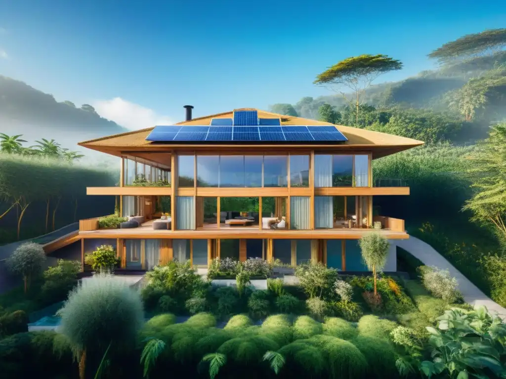 Propiedades sostenibles que respetan: Casa ecológica moderna rodeada de naturaleza, con materiales sostenibles y paneles solares en el techo