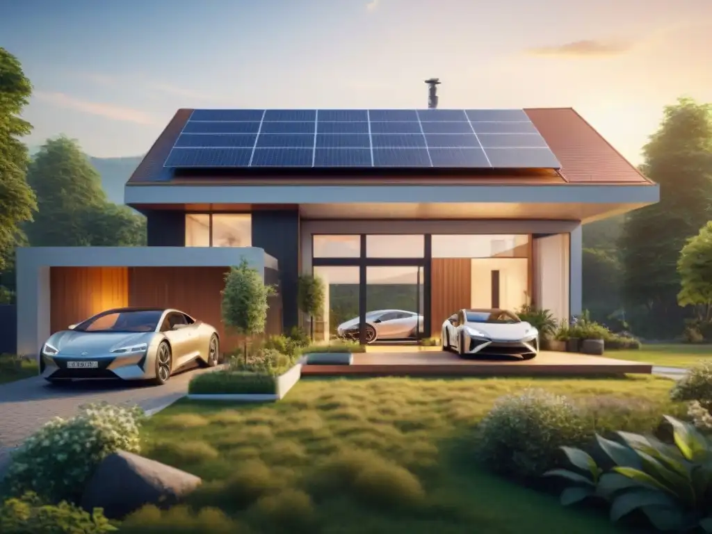 Propiedades sostenibles que respetan: Casa moderna con paneles solares, turbina eólica y estación de carga para coche eléctrico