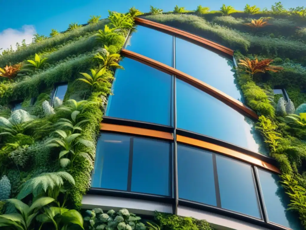 Invertir en propiedades sostenibles: Edificio moderno con paneles solares, vegetación y cielo azul