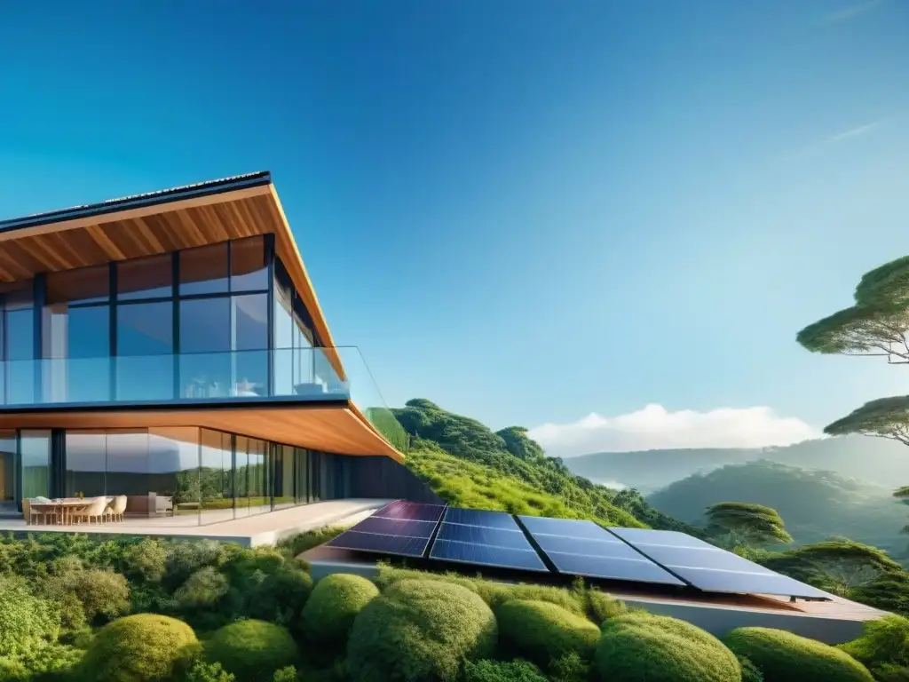 Invertir en propiedades sostenibles: Edificio moderno con paneles solares, naturaleza exuberante y cielo azul, simbolizando un futuro sostenible