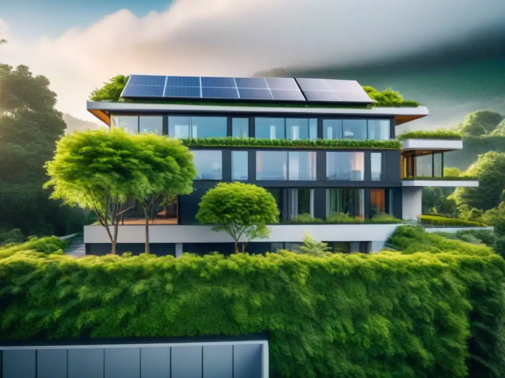 Invertir en propiedades sostenibles: Edificio moderno con paneles solares, muros verdes y vegetación alrededor