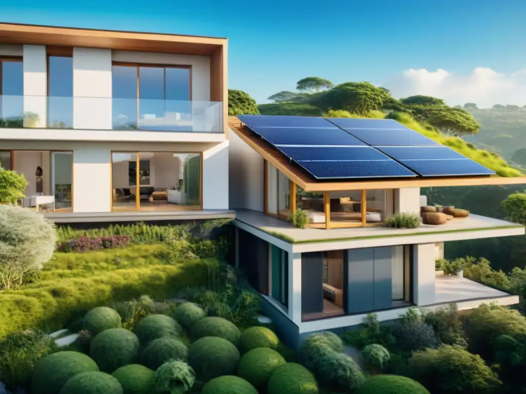 Invertir en propiedades sostenibles: Edificio moderno con paneles solares, naturaleza exuberante y personas felices interactuando en espacios comunes