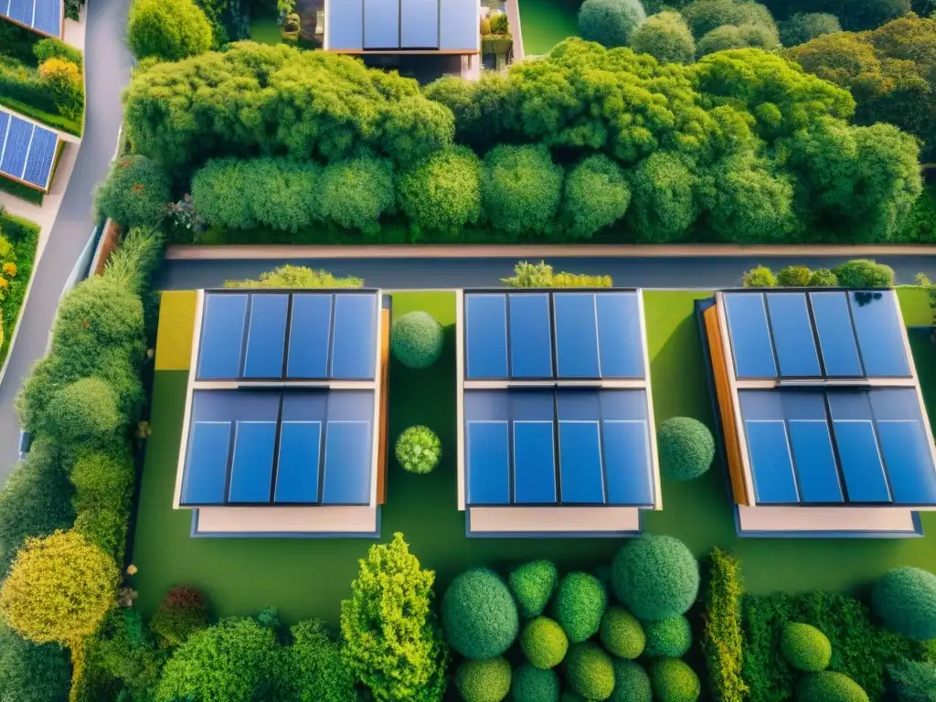 Invertir en propiedades sostenibles: Comunidad ecológica con paneles solares, áreas verdes y familias disfrutando al aire libre