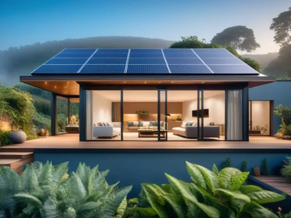 Propiedades sostenibles valor futuro: Casa moderna con paneles solares, rodeada de vegetación y cielo azul