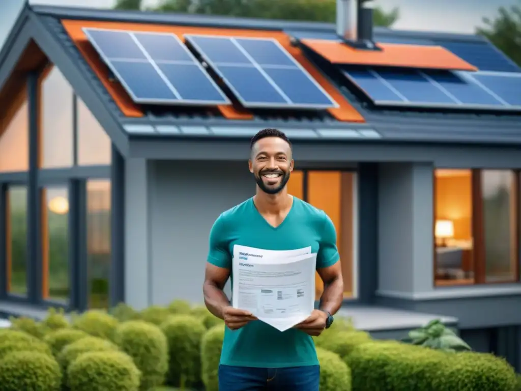 Propietario frente a casa ecológica con paneles solares y techo verde