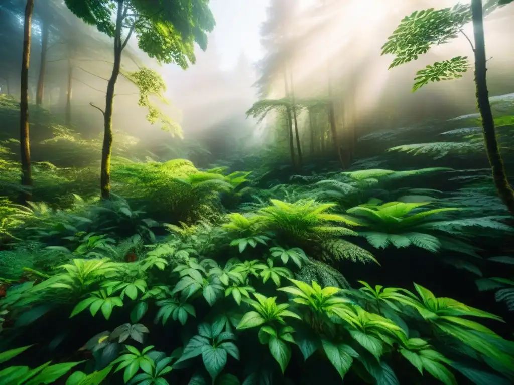 Propuestas de valor ecológicas: Bosque exuberante con luz solar entre hojas verdes, vida vegetal diversa