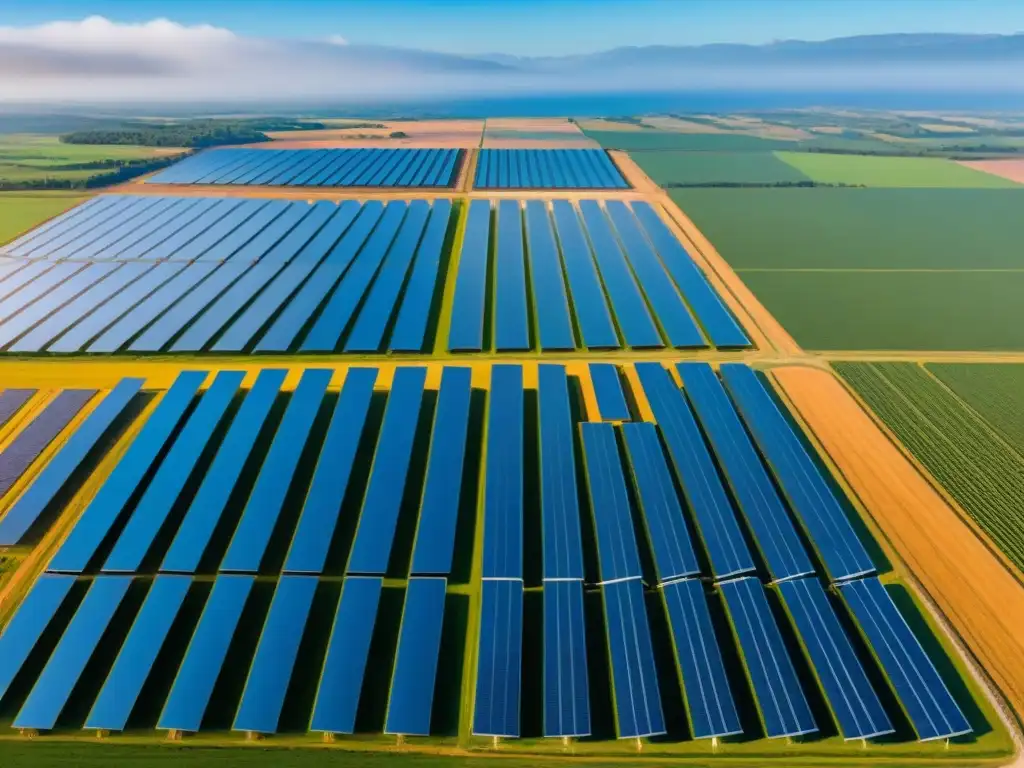 Proveedor de paneles solares respetuoso: inmensa granja solar bajo cielo azul, paneles reflejando la luz del sol