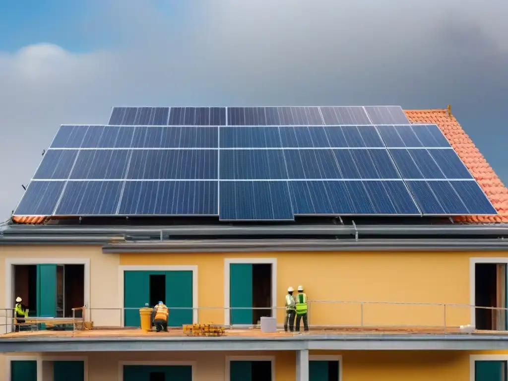 Un proyecto de construcción sostenible con instalación de paneles solares, sistema de recolección de agua de lluvia y ventanas eficientes