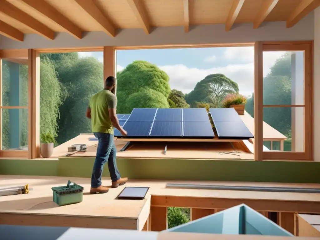 Renovación ecológica: equipo instala paneles solares en casa moderna Un proyecto de renovación de vivienda ecológica en progreso con instalación de paneles solares y materiales sostenibles