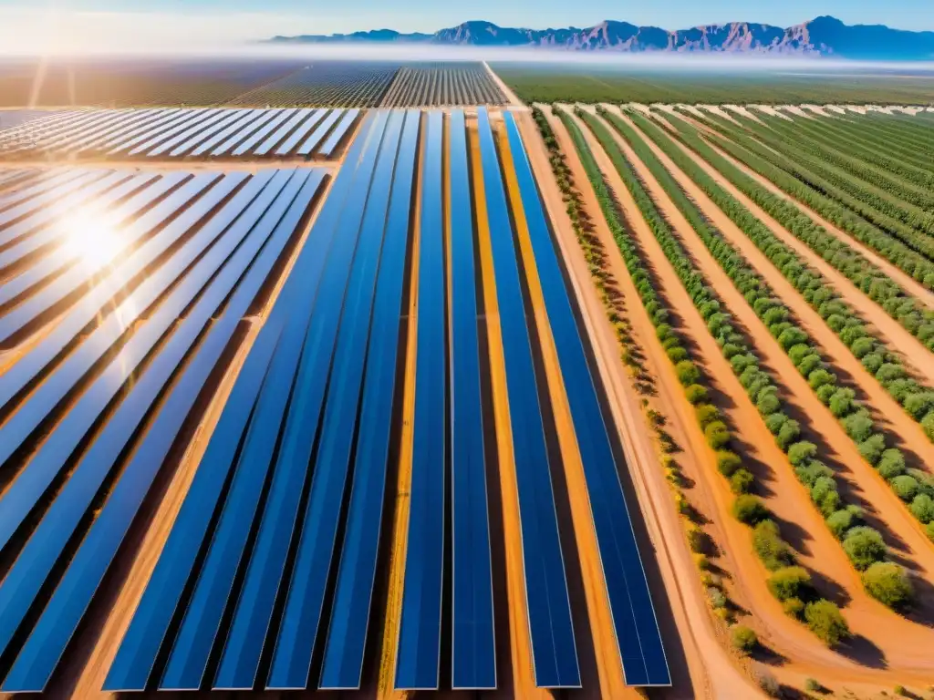 Proyectos energía renovable futuro financiero: Granja solar extensa en desierto, paneles brillando bajo cielo azul