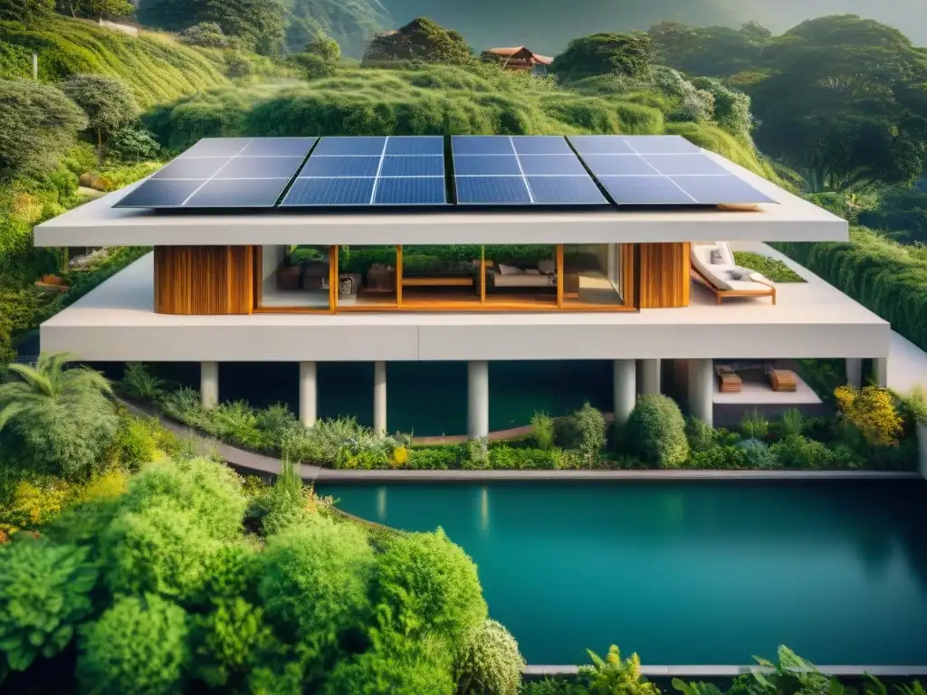 Invertir en proyectos verdes arquitectura: Un edificio sostenible rodeado de naturaleza, paneles solares y actividades ecofriendly