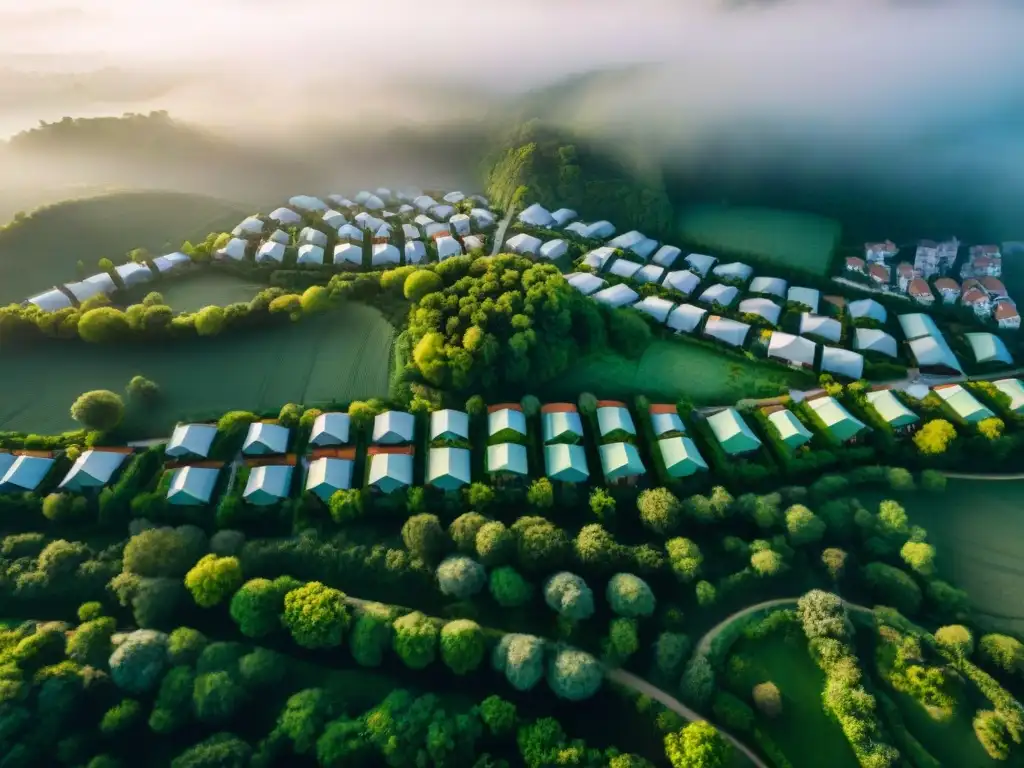 Un pueblo de arquitectura de tierra sostenible en armonía con la naturaleza, bañado por el sol en un paisaje verde