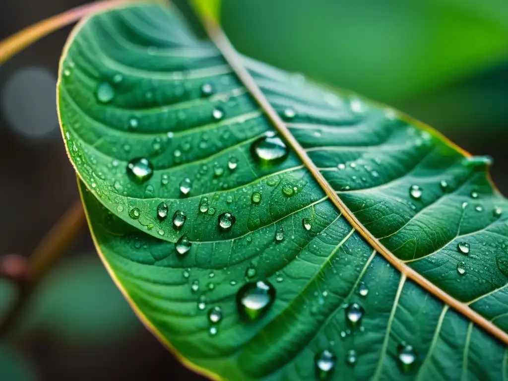 La pureza del agua de lluvia capturada en una hoja verde, resaltando los beneficios de la recolección de agua lluvia