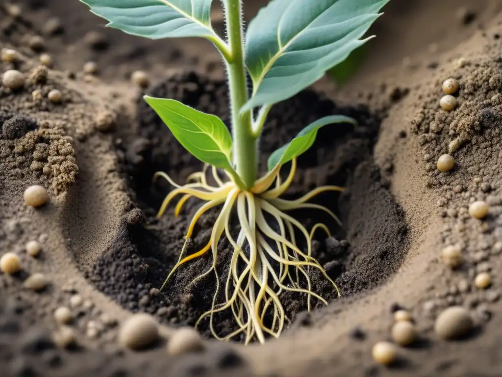 Raíces de girasol enredadas en el suelo, mostrando su capacidad de absorber contaminantes