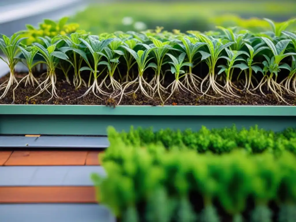 Raíces nativas entrelazadas con suelo fértil en un techo verde, destacando la importancia de los Techos verdes materiales proveedores eco