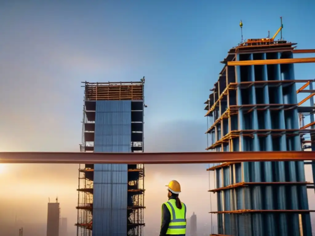 Un rascacielos en construcción con acero reciclado, reflejando la sostenibilidad y el poder del acero reciclado en la construcción sostenible