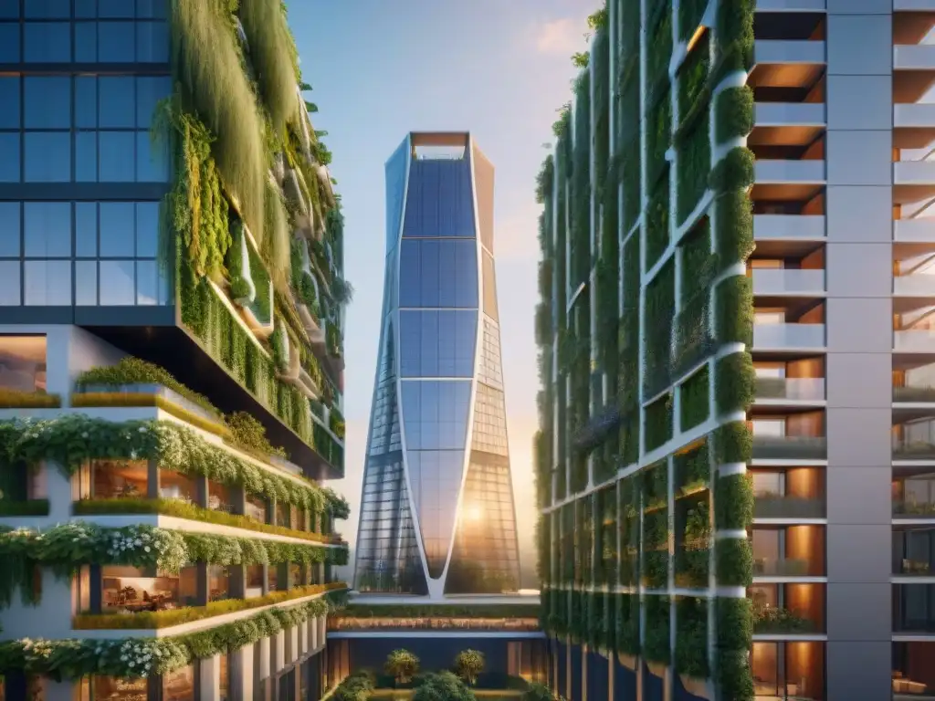 Un rascacielos futurista sostenible con jardines verticales integrados, llenos de vegetales y frutas