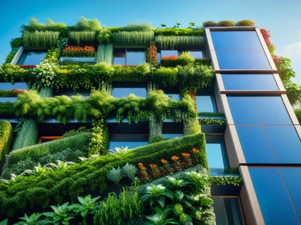 Un rascacielos sostenible rodeado de vegetación, con paneles solares y jardín vertical, bajo un cielo azul