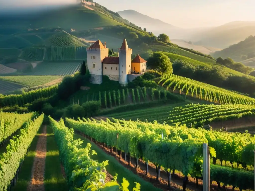 Rayos de sol entre viñedos verdes, con un castillo histórico convertido en alojamiento sostenible