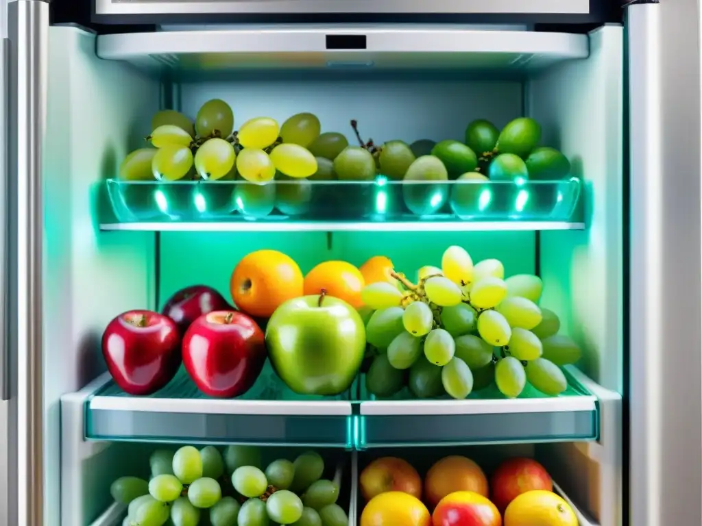 Refrigeración sostenible para alimentos frescos: Frutas y verduras frescas y coloridas en una nevera moderna y eficiente